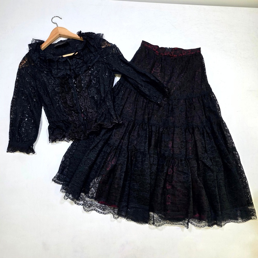 Shurbette of London Lace Skirt Set Womens Small Black Ruffle Gothic Vintage